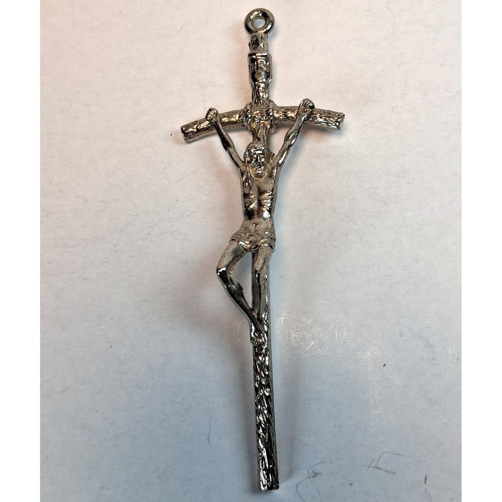 Vintage Italy Papal Pectoral Cross Pendant Silver Tone Bent Crucifix INRI 5+" - Picture 2 of 8